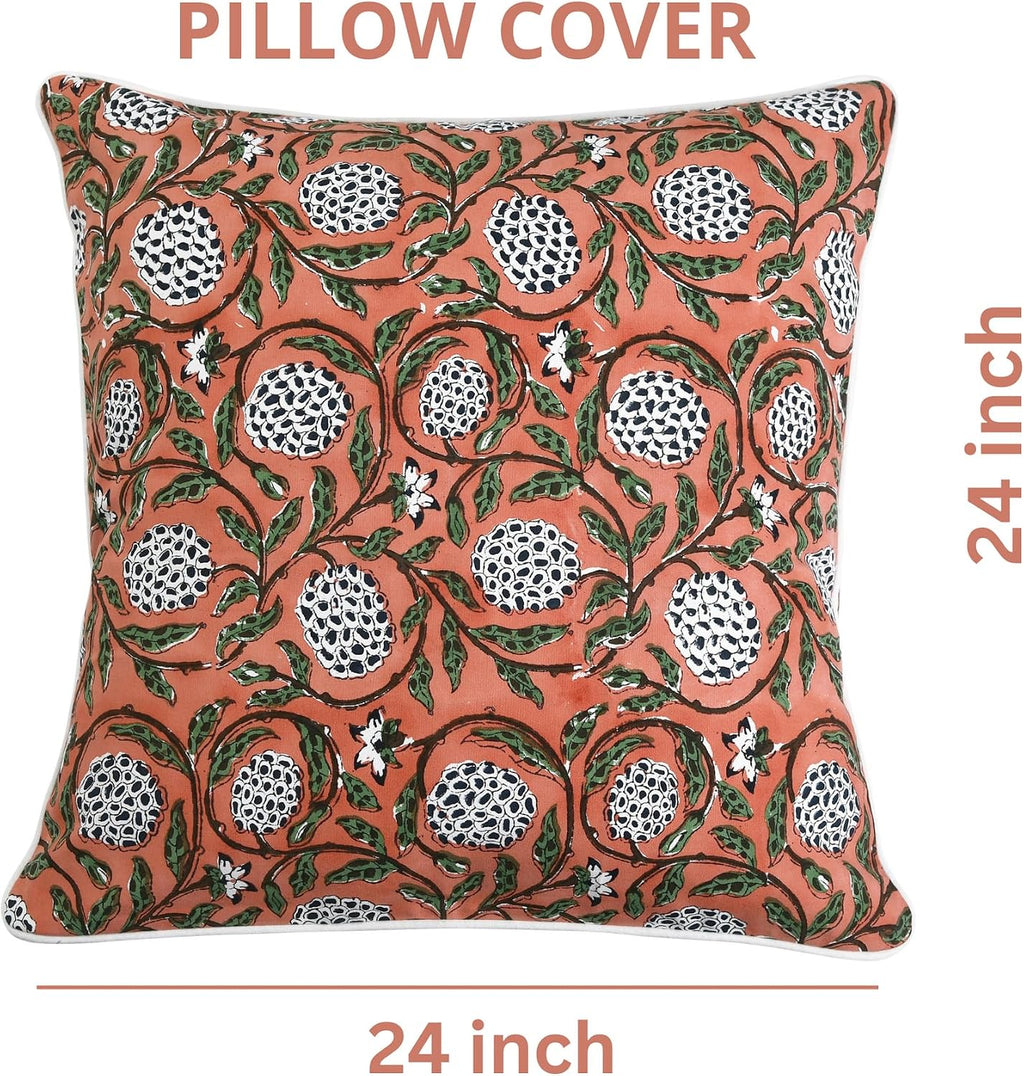 Ridhi Block Print Dark Salmon Pink Pillow Cover 24" x 24" (Pack of 2) Decorative Couch Pillows for Living Room, Chic Boho Cute Outdoor Pill…