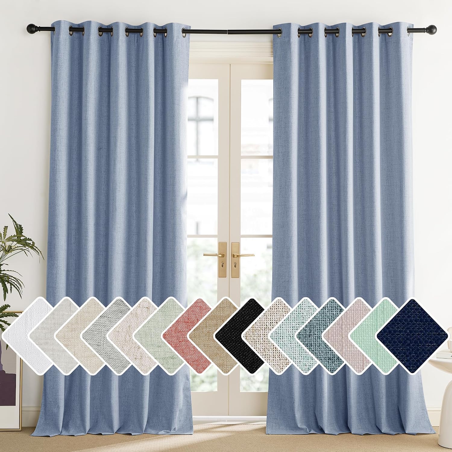 NICETOWN Stone Blue Vintage Linen 100% Blackout Curtains for Living Room, Thermal Insulated Curtains 84" Long, Noise Reducing Window…
