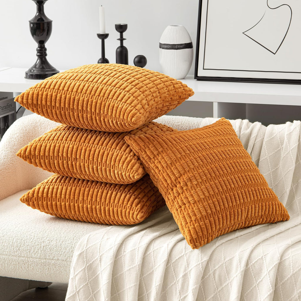 Miulee Pack of 4 Fall Burnt Orange Corduroy Decorative Throw Pillow Covers 18x18 Inch Soft Boho Striped Pillow Covers Modern Farmhouse Home…