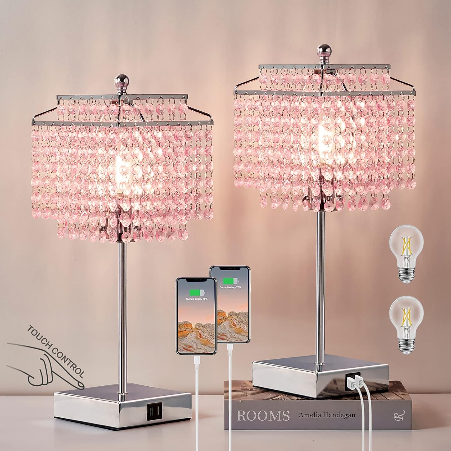 Luvkczc Set of 2 Bedside Pink Crystal Table Lamp, Touch Control Crystal Lamp, Dimmable Lamp for Bedroom, Girl Living Room, 6W B11 Bulb…