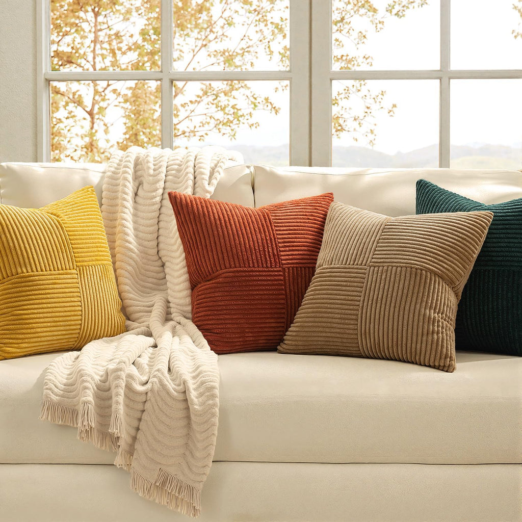 Miulee Green Rust Throw Pillow Covers 18x18 Inch Set of 4 Boho Farmhouse Soft Corduroy Striped Cushion Cases Decorative Color-Clash Home De…