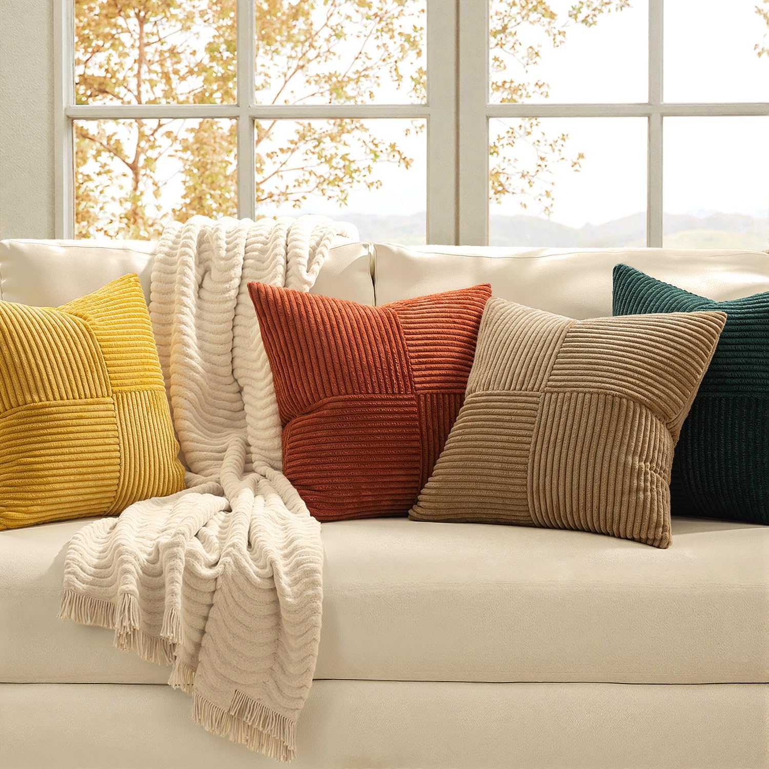 Miulee Green Rust Throw Pillow Covers 18x18 Inch Set of 4 Boho Farmhouse Soft Corduroy Striped Cushion Cases Decorative Color-Clash Home De…
