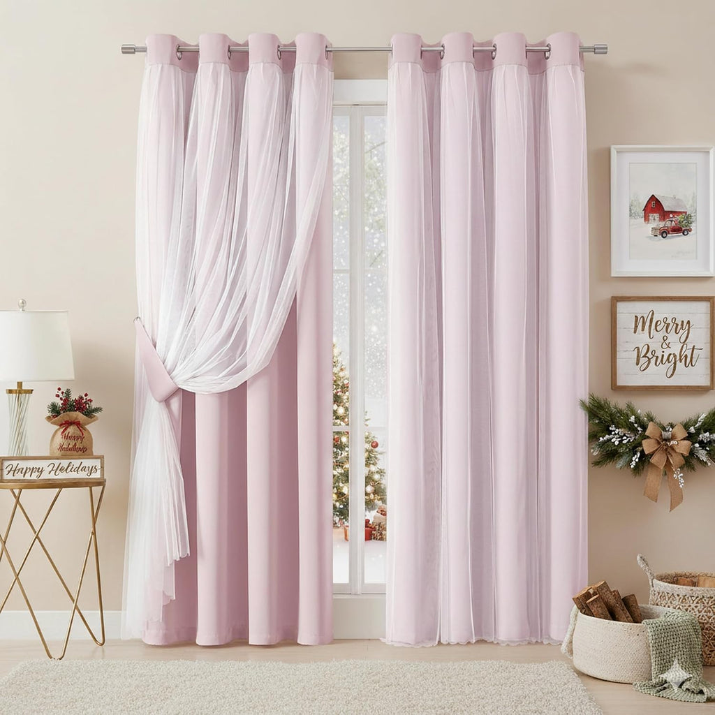 Bujasso Pink Blackout Curtains with Sheer Overlay Mix and Match Double Layer 80% Room Darkening Window Treatment Set for Girls Bedroom Livi…
