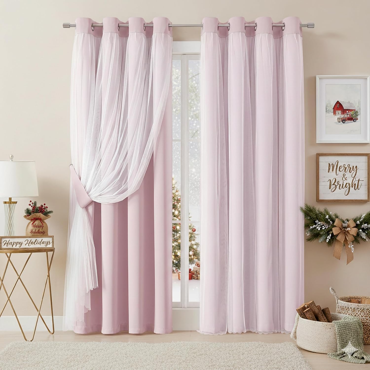 Bujasso Pink Blackout Curtains with Sheer Overlay Mix and Match Double Layer 80% Room Darkening Window Treatment Set for Girls Bedroom Livi…