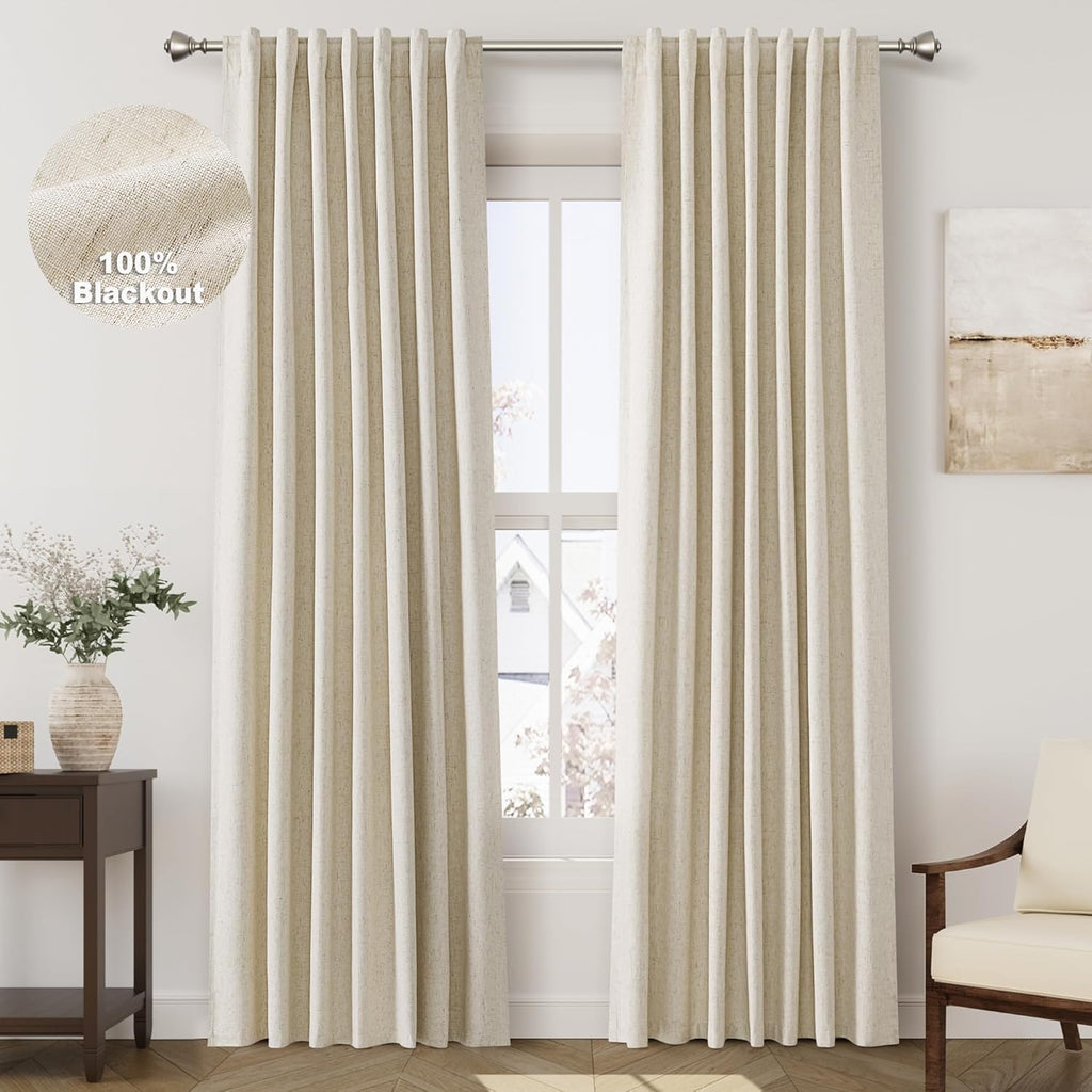 Nanspring Beige 100% Blackout Linen Curtains 90 inch Length 2 Panels for Bedroom Oatmeal Pinch Pleated Black Out Drapes Farmhouse Rustic Ro…