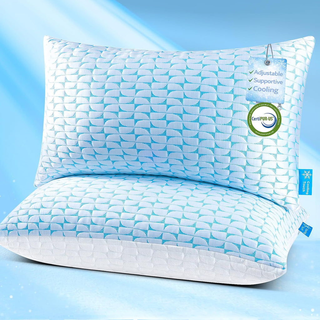 QUTOOL Firm Pillow Shredded Memory Foam, Cooling Pillow for Hot Sleeper, Adjustable Bed Pillow for Side Back Stomach Sleepers, Washable…