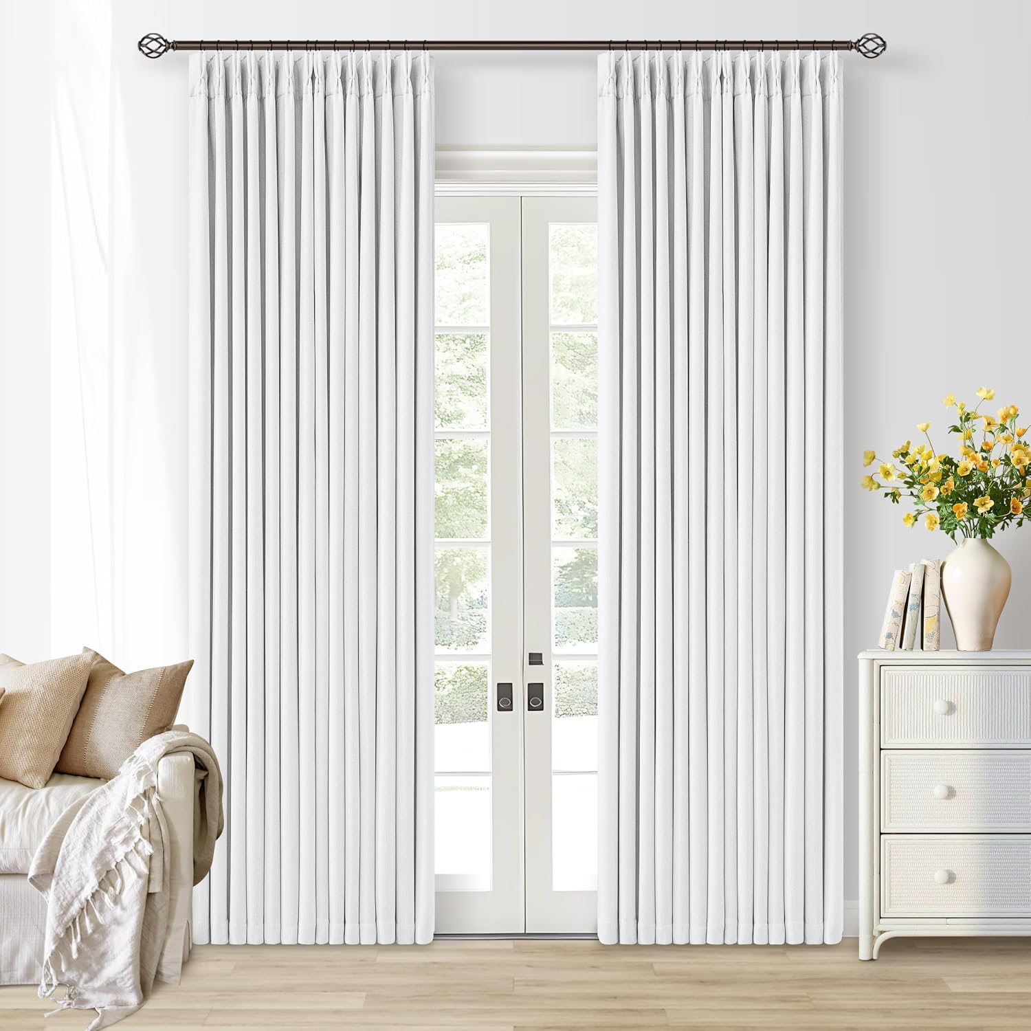 Twodrapes Snow White Pinch Pleated Blackout Linen Curtains 86 Inches Long for Bedroom Pleated 100% Black Out Drapes with Liner Modern Farmh…
