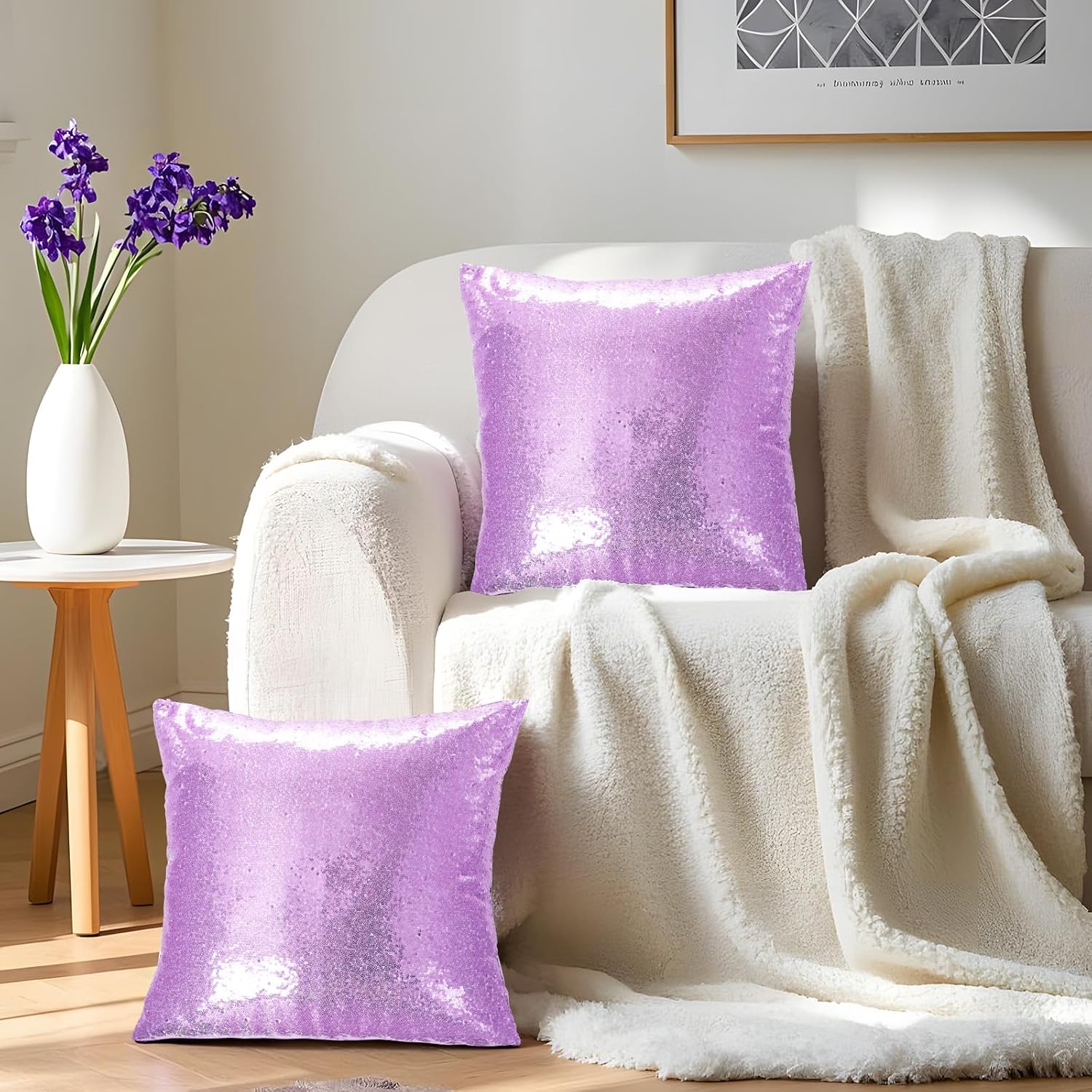 Eternal Beauty Set of 2 Sequin Decorative Pillow Cover Lavender Throw Pillow Covers for Couch Sofa Throw Pillows 18 X 18 Inches