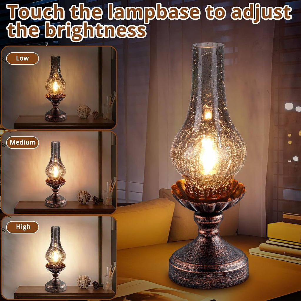 Vintage Table Lamp with Smoke Grey Crackle Glass Shade, Touch Control & 3-Way Dimmable Rustic Retro Farmhouse Bedside Lamp for Bedroom…