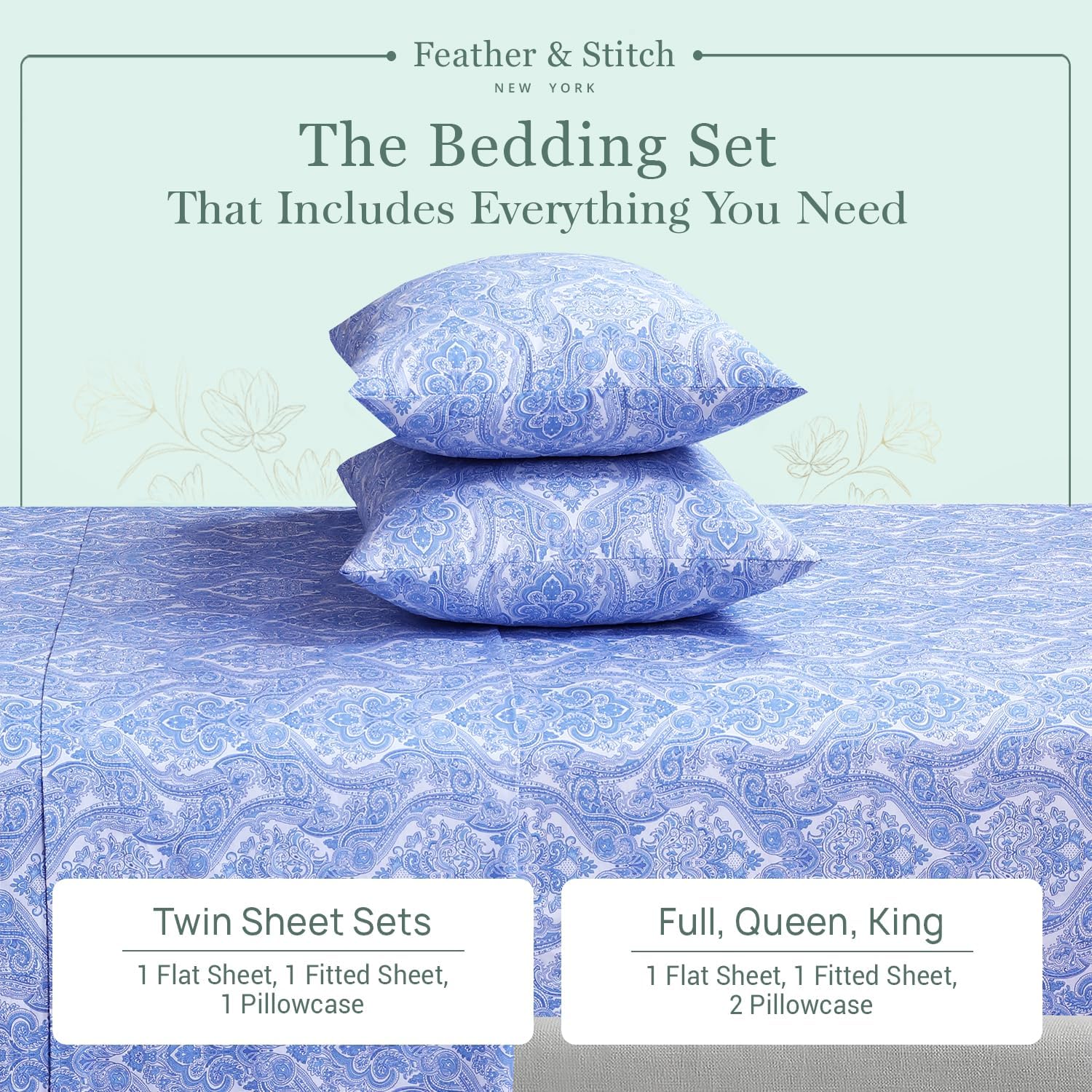 Featherstitchnewyork Feather & Stitch Softest 100% Cotton Sheets, 300 Thread Count Percale Weave Bedding, 16" Deep Pocket, Cooling Sheets,…