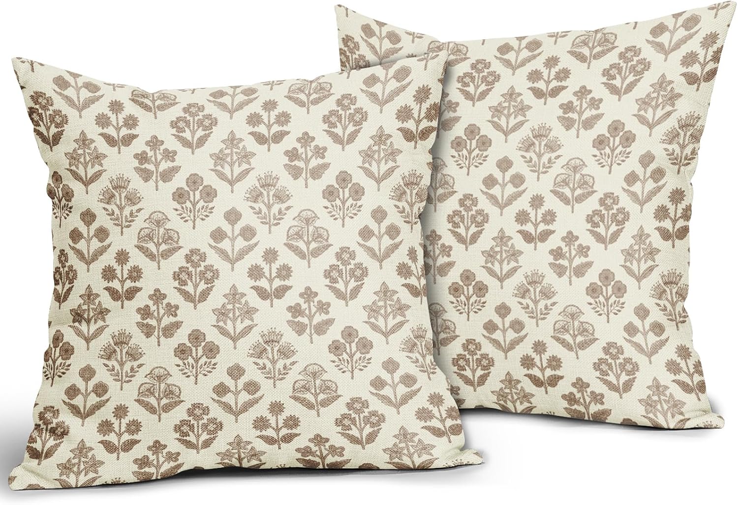 Brown Floral Pillow Covers 24x24 Inch Set of 2, Vintage Flower Block Print Pattern Decorative Throw Pillowcases Outdoor Farmhouse Cushion…