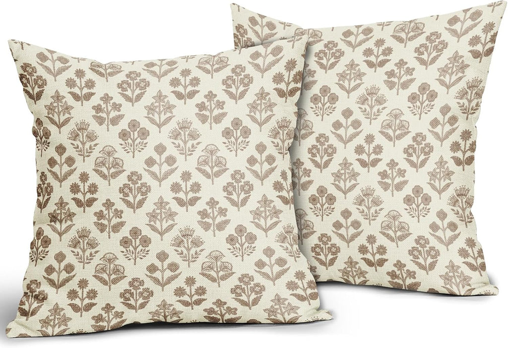Brown Floral Pillow Covers 22x22 Inch Set of 2, Vintage Flower Block Print Pattern Decorative Throw Pillowcases Outdoor Farmhouse Cushion…