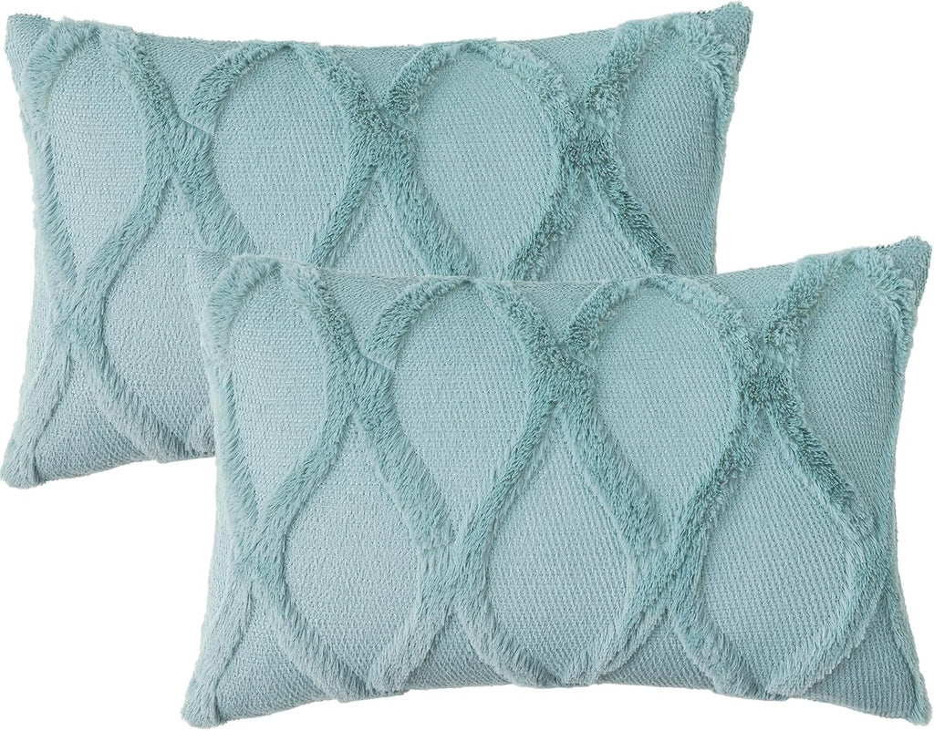 decorUhome Summer Throw Pillow Covers 12x20 Inch Set of 2, Soft Plush Faux Fur Wool Lumbar Aqua Accent Couch Pillow Covers for Modern Farmh…