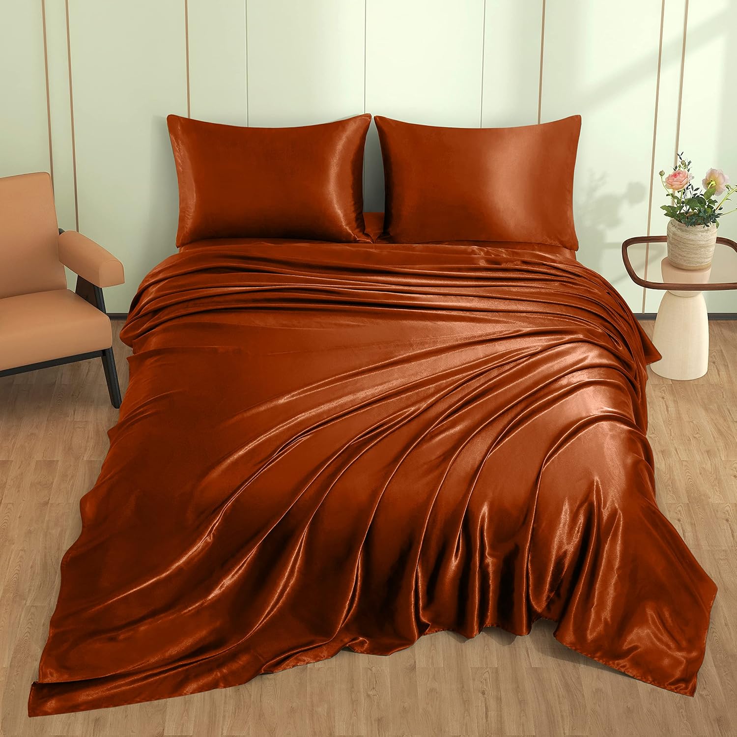 VACVELT 4pcs Rust Orange Satin Sheets King Size Bed Set, 15 Inch Deep Pocket Silky Satin Sheet Set, Soft Satin Bedding Set Cooling &…
