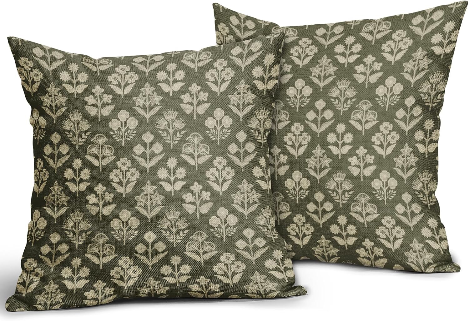Olive Green Floral Block Print Pillow Covers 18x18 Inch Set of 2, Vintage Flower Pattern Decorative Throw Pillowcases Outdoor Farmhouse…