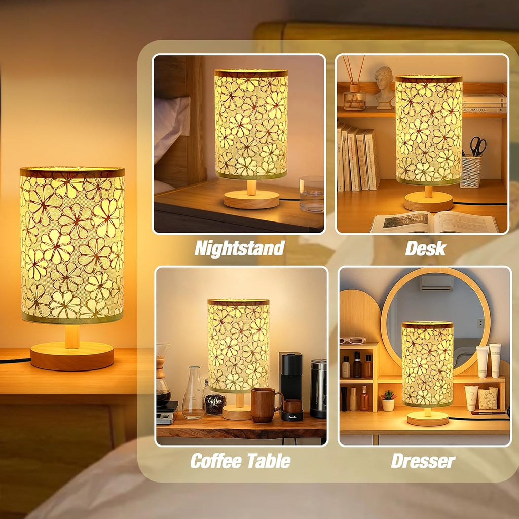 Desk Lamp LED Bulb Included, Small Bedside Table Lamp Plug-in - Classic Wood Base with Flaxen Fabric Shade, Lamps for Night Stands…