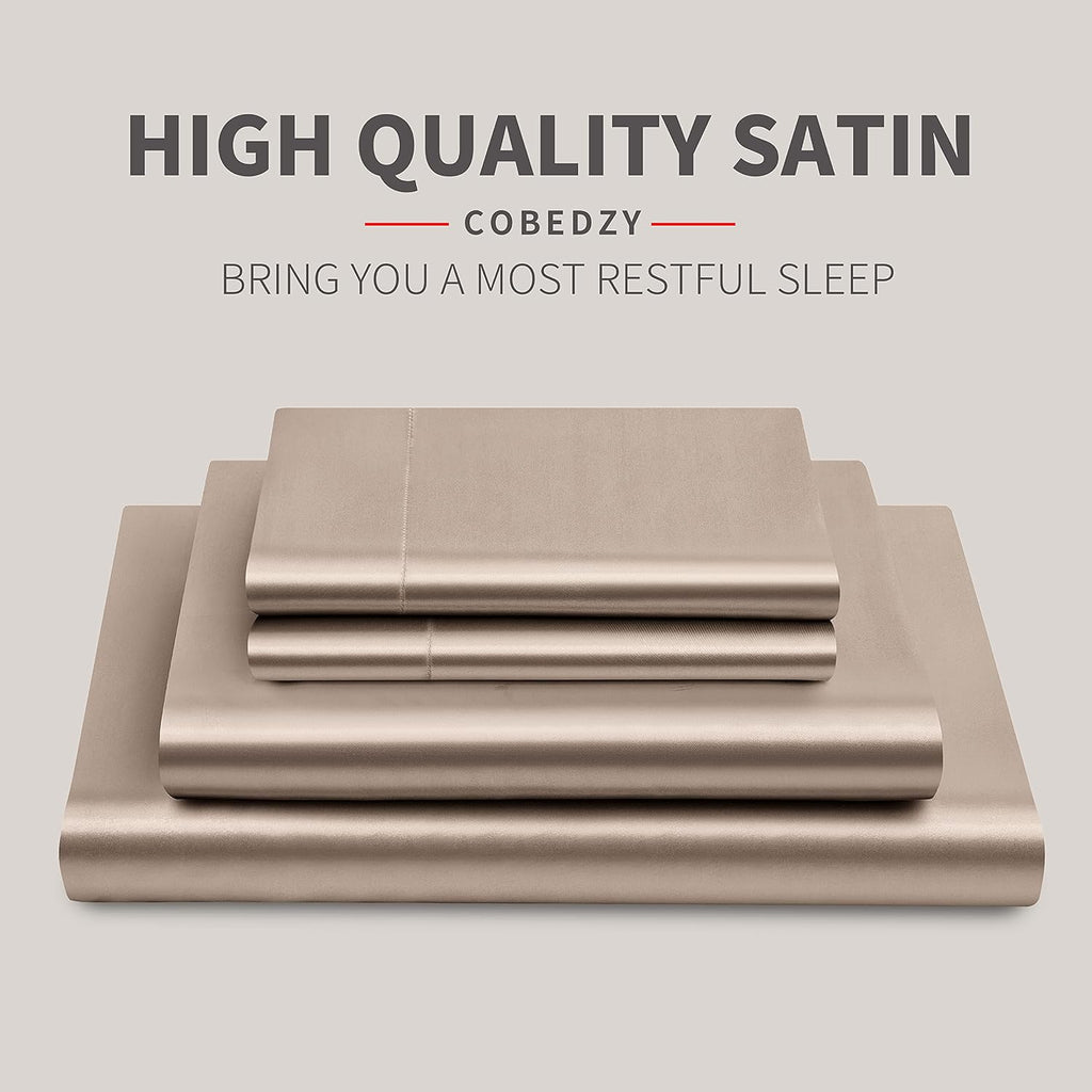 Cobedzy 4 Piece Luxury Queen Sheet Set, Taupe Satin Sheet Set, Soft Silky Bed Sheets Queen Set with 1 Deep Pocket Fitted Sheet 1 Flat Sheet…