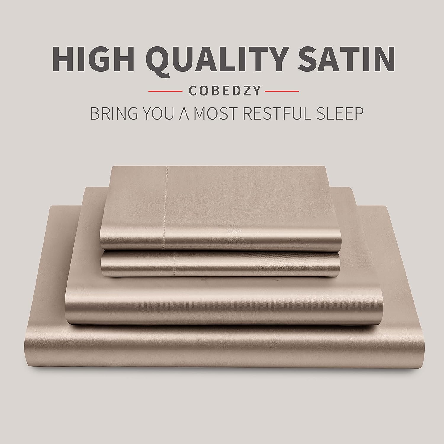 Cobedzy 4 Piece Luxury Queen Sheet Set, Taupe Satin Sheet Set, Soft Silky Bed Sheets Queen Set with 1 Deep Pocket Fitted Sheet 1 Flat Sheet…