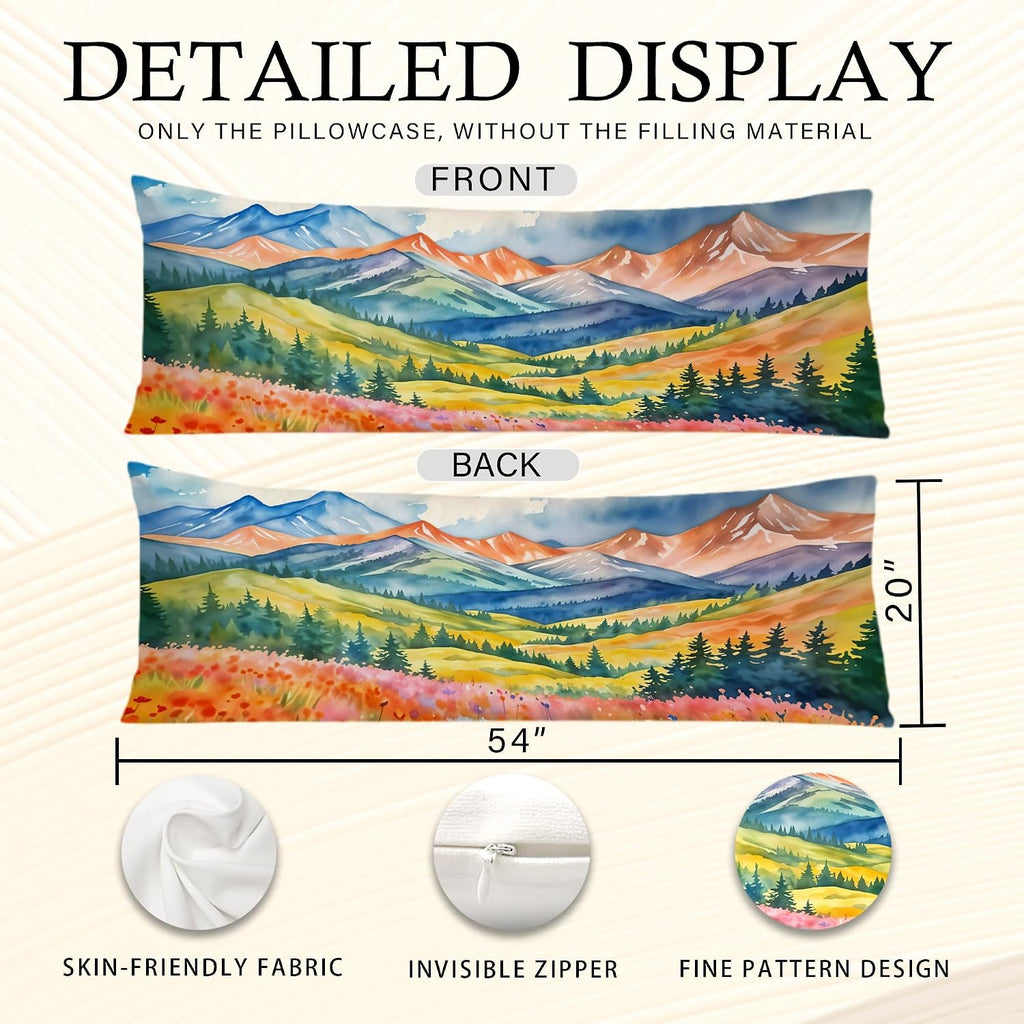 Maximalist Mountain Floral Body Pillow Covers 20x54, Mountain Home Decor, Colorful Abstract Nature Scenic Wildflower Long Body Pillow…