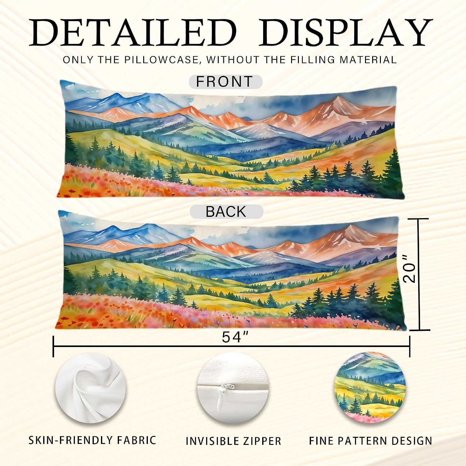 Maximalist Mountain Floral Body Pillow Covers 20x54, Mountain Home Decor, Colorful Abstract Nature Scenic Wildflower Long Body Pillow…