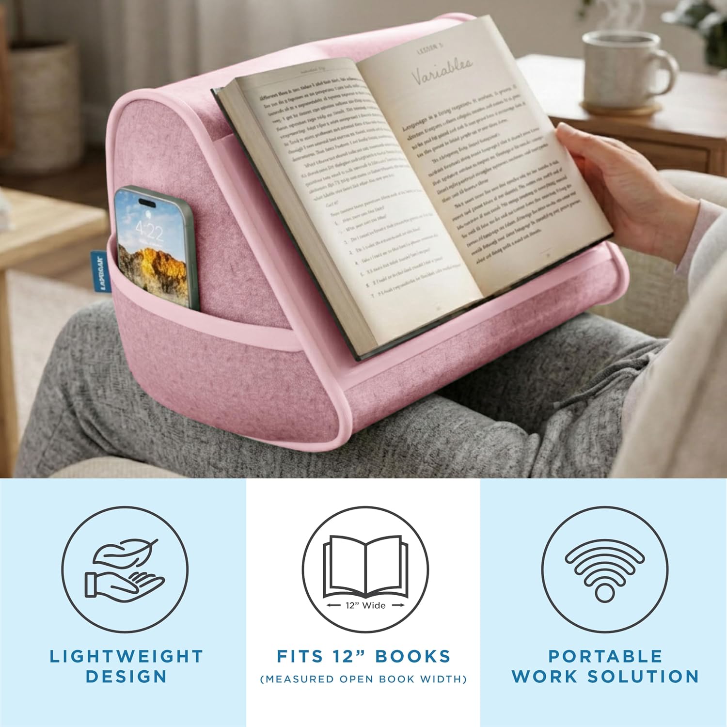 LAPGEAR Book Pillow – Lap Reading Cushion with Built-in Book Stand – Fits 6x9 Books & Similar Sizes – Pink – Style No. 33204
