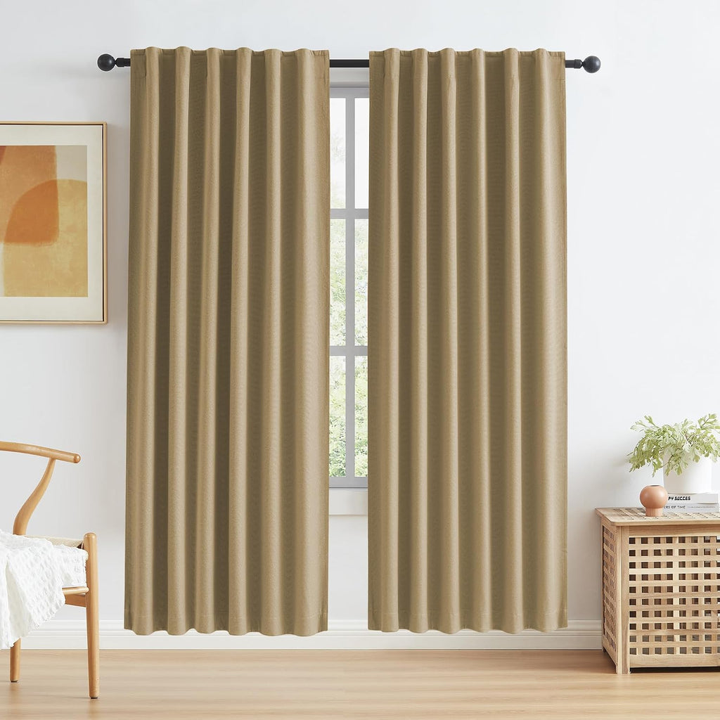 Keqiaosuocai Camel Linen Blackout Curtains 80 Inches Long, Back Tab Rod Pocket Hook Belt Natural Burlap Farmhouse Rustic Curtain Panels for…