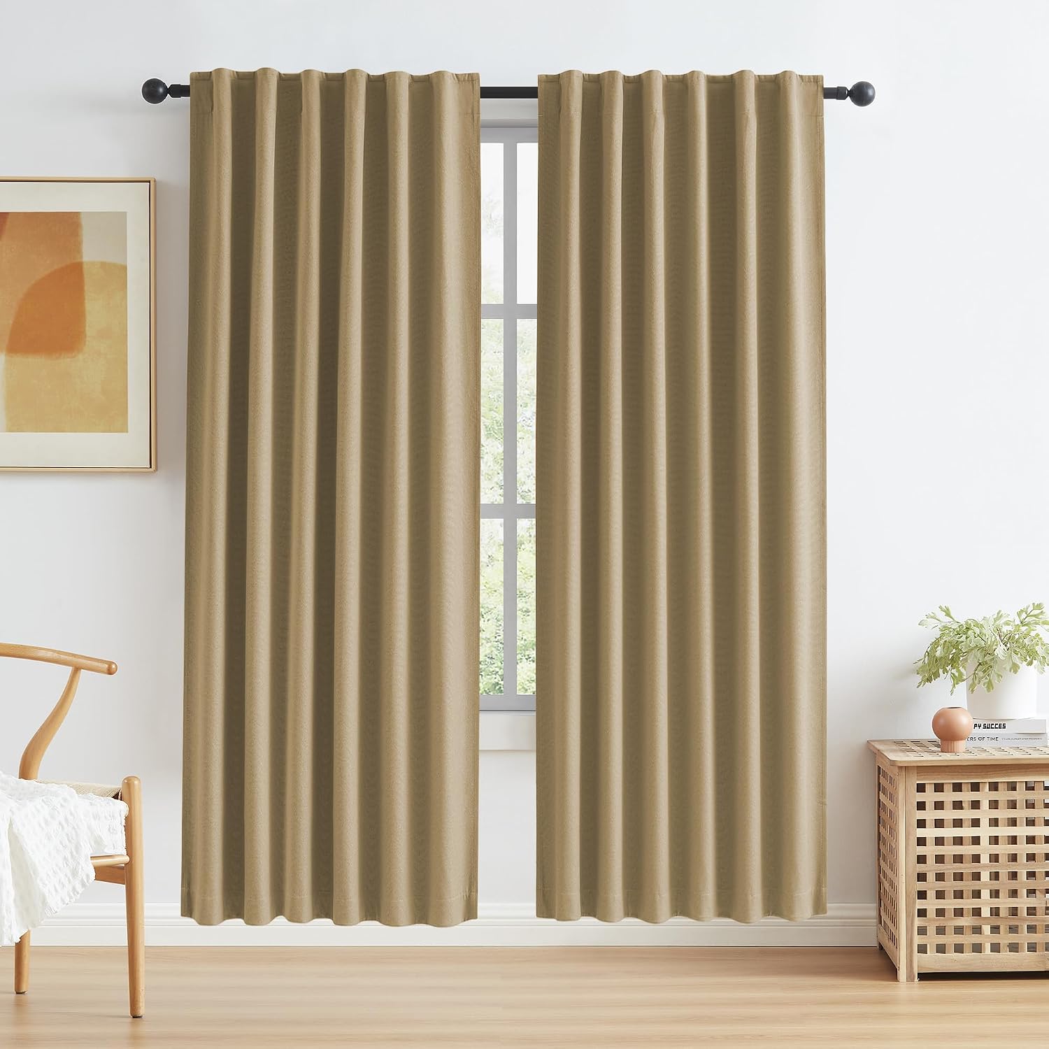 Keqiaosuocai Camel Linen Blackout Curtains 80 Inches Long, Back Tab Rod Pocket Hook Belt Natural Burlap Farmhouse Rustic Curtain Panels for…