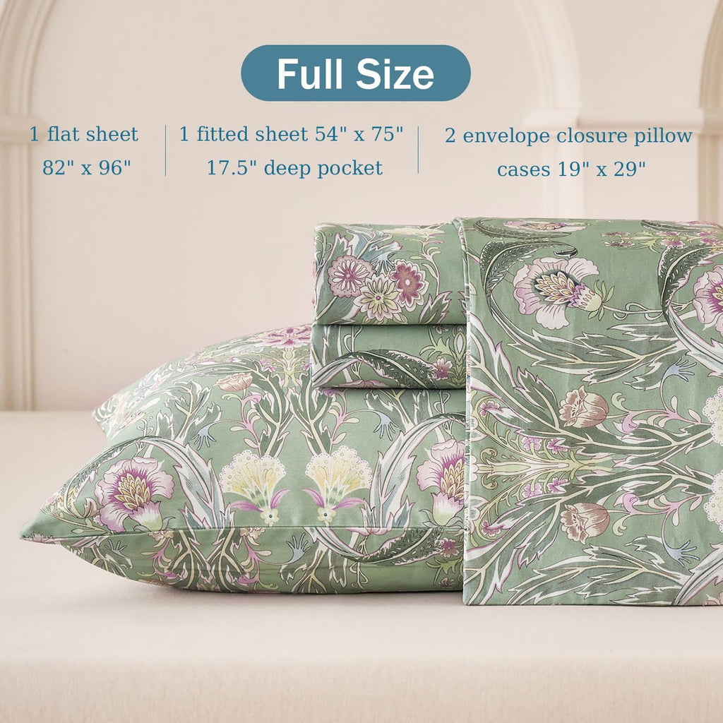Softtouchsweetdreams Boho Sheets Silky Green Floral Bed Sheet Set Full Size 100% Cotton Satin Weave Botanical Leaf Printed Cooling Sheets S…