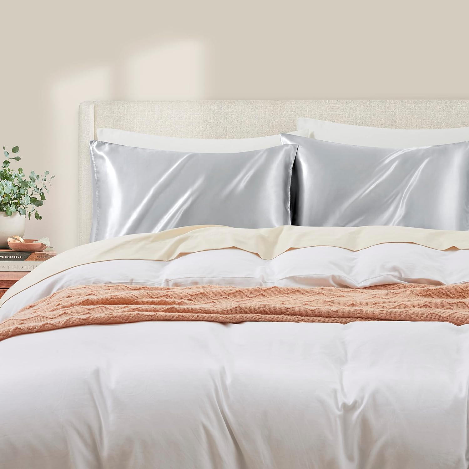 HommxJF Light Grey King Size Satin Pillowcases Set of 2 for Hair and Skin, Light Grey Silk Pillowcase Breathable Pillowcase with Envelope Cl…