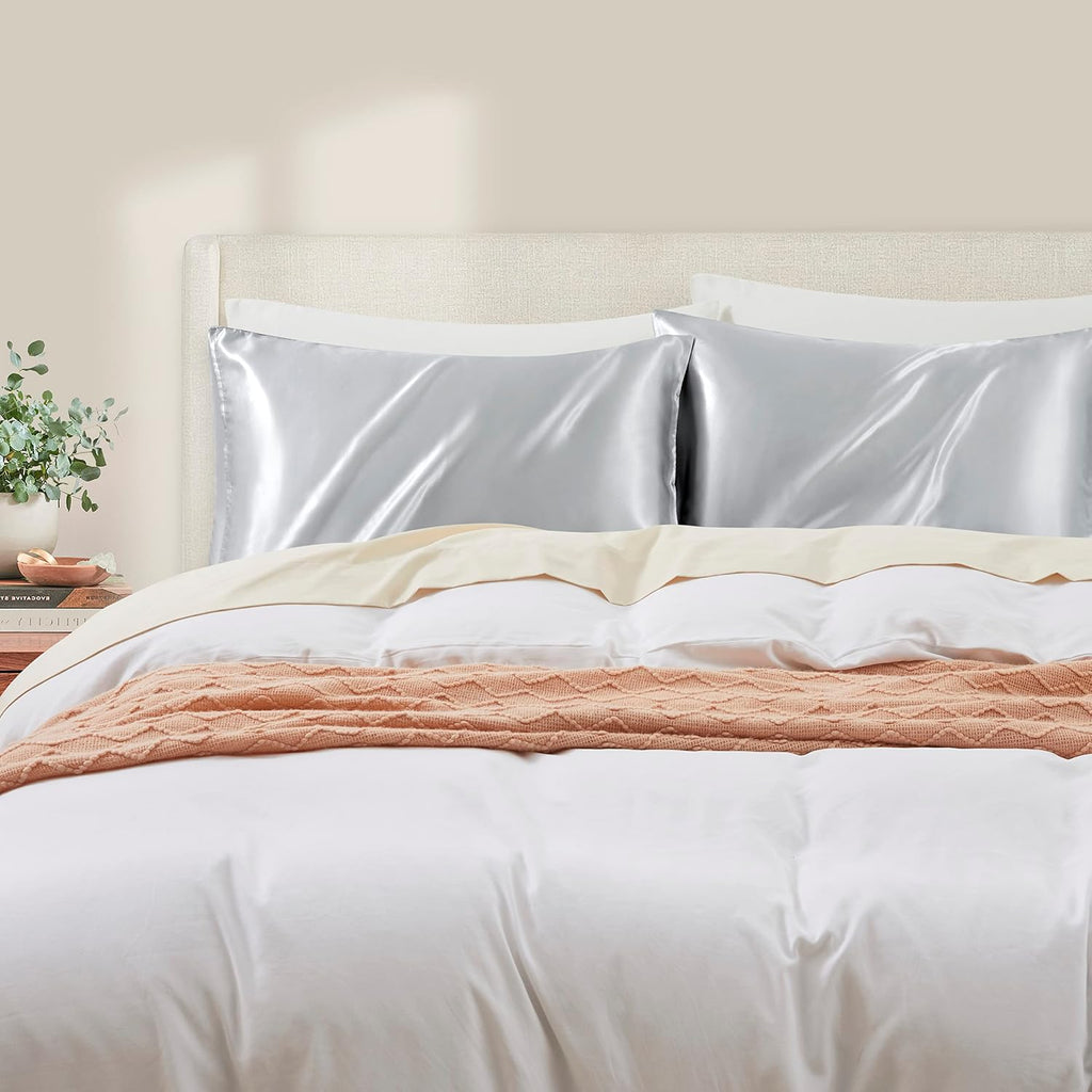 HommxJF Light Gray Satin Pillowcase Standard Set of 2 with Envelope Closure, Light Gray Silk Pillowcase for Hair and Skin (20x26) Gray