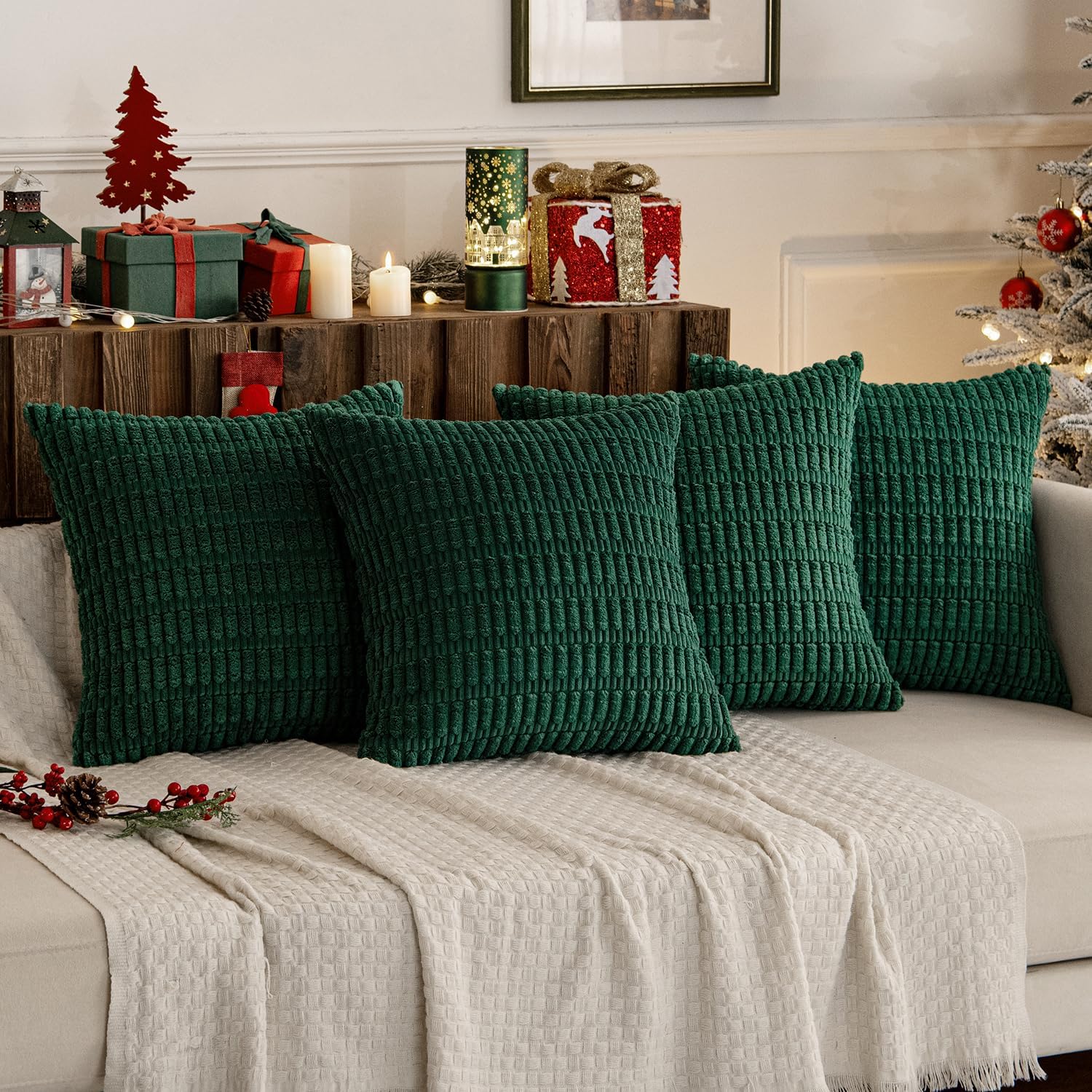 Miulee Pack of 4 Christmas Dark Green Corduroy Decorative Throw Pillow Covers 20x20 Inch Soft Boho Striped Pillow Covers Modern Farmhouse H…