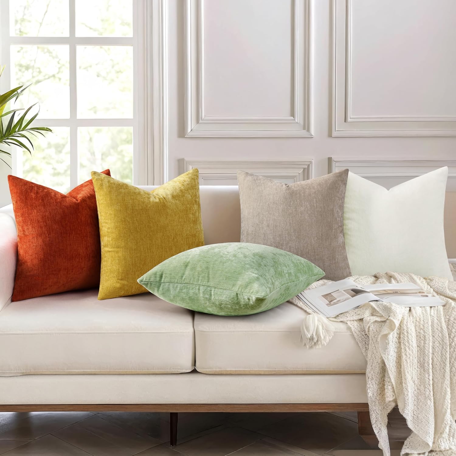 decorUhome Chenille Cream White Throw Pillow Covers 24x24 Inch Set of 2, Decorative Soft Couch Pillow Covers Solid Dyed Accent Farmhouse Ne…