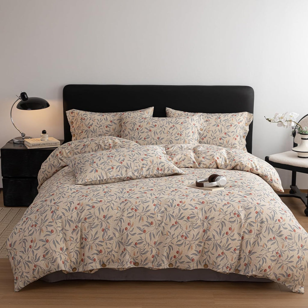 mixinni Cotton Linen Floral Duvet Cover Set, Vintage Botanical Print Comforter Cover with Wooden Buttons, Soft Breathable Blue Red Floral Bo…