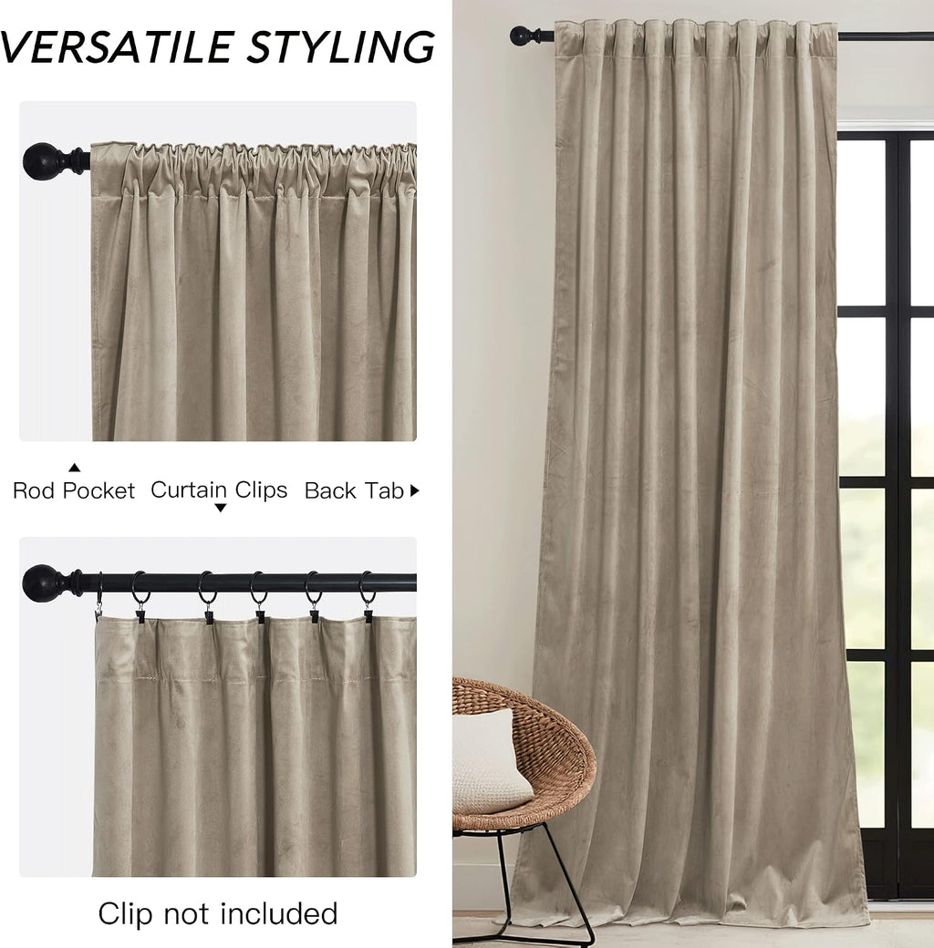 Rybhome RYB HOME Camel Beige Velvet Curtains 108 inch, Room Darkening Window Curtains with Multiple Hanging Options Heavy Duty Plush Backdr…