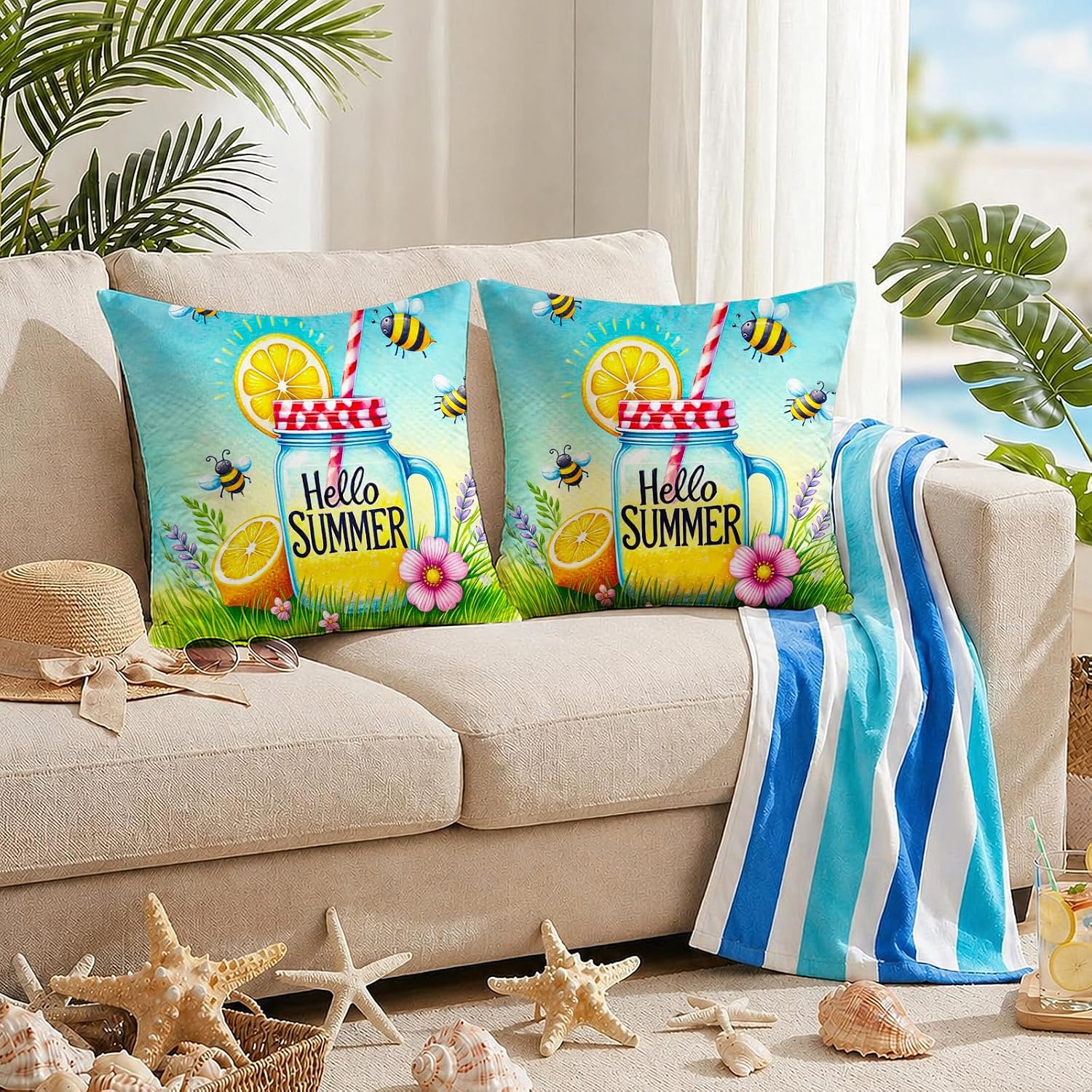 BlissYard Hello Summer Lemon Throw Pillow Covers 18x18 Set of 2 Decorative Pillow Covers Bee Lemonade Summer Cushion Covers Farmhouse…