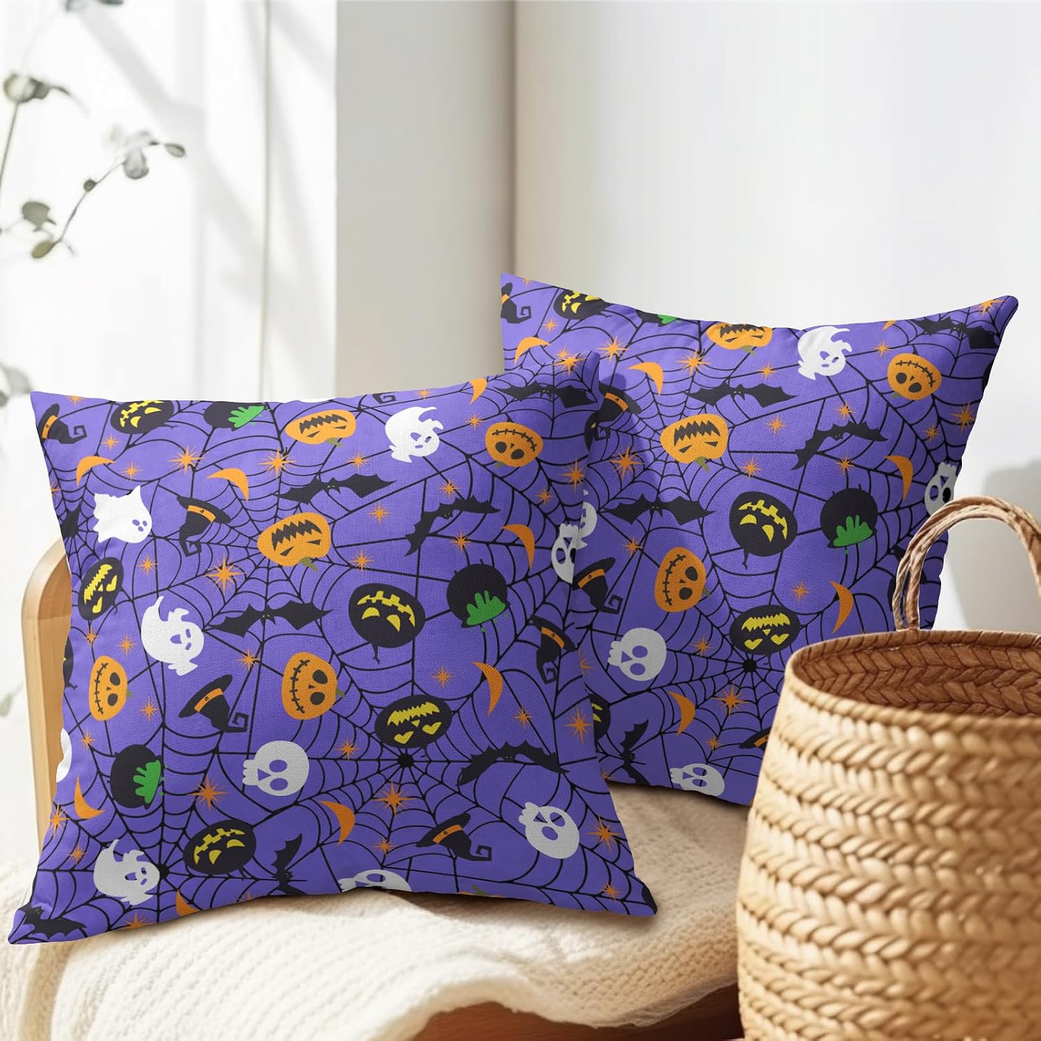 Halloween Purple Throw Pillow Covers 22x22 inch Set of 2 Humour Pumpkins Ghost Skeleton Bat Web Decorative Pillowcase Holiday Cotton…