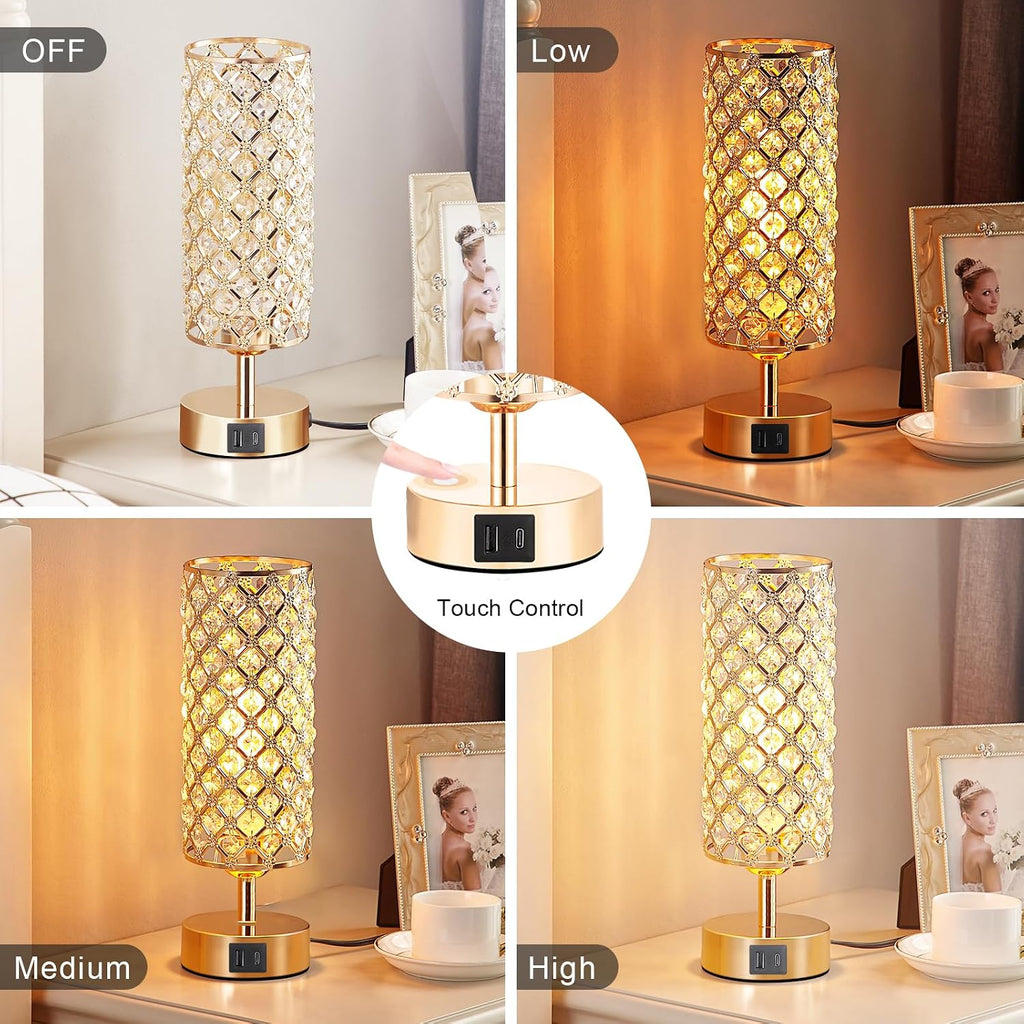 Crystal Table Lamp, Gold Lamp for Bedroom with USB-C USB-A Charging Ports, 3 Way Dimmable Light with Crystal Lampshade, Bedside Lamp…