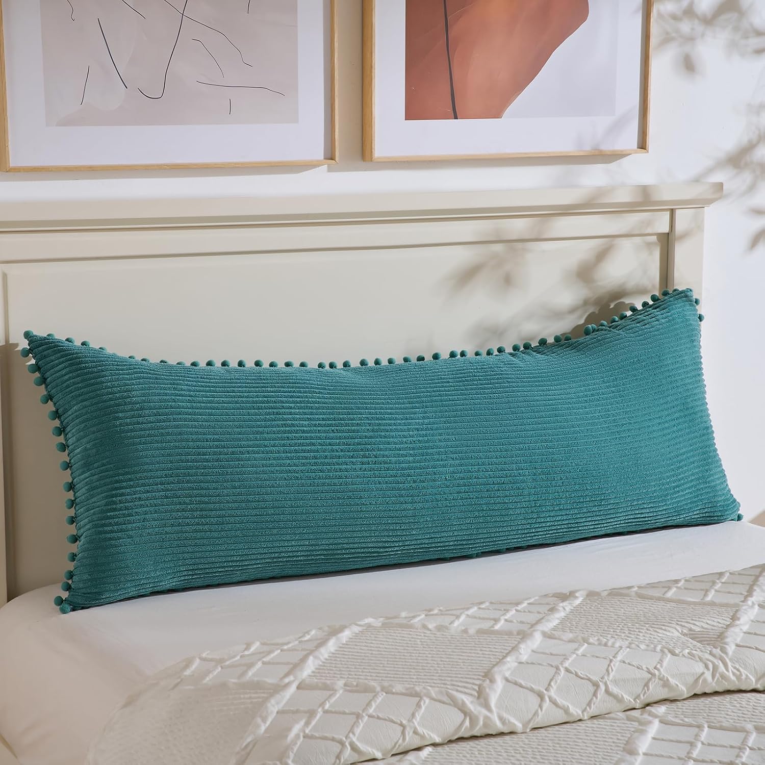 Fancy Homi 1 Pack Teal Long Lumbar Body Decorative Throw Pillow Covers 14x36 Inch with Pom-poms for Couch Sofa Bed, Farmhouse Boho Rustic…
