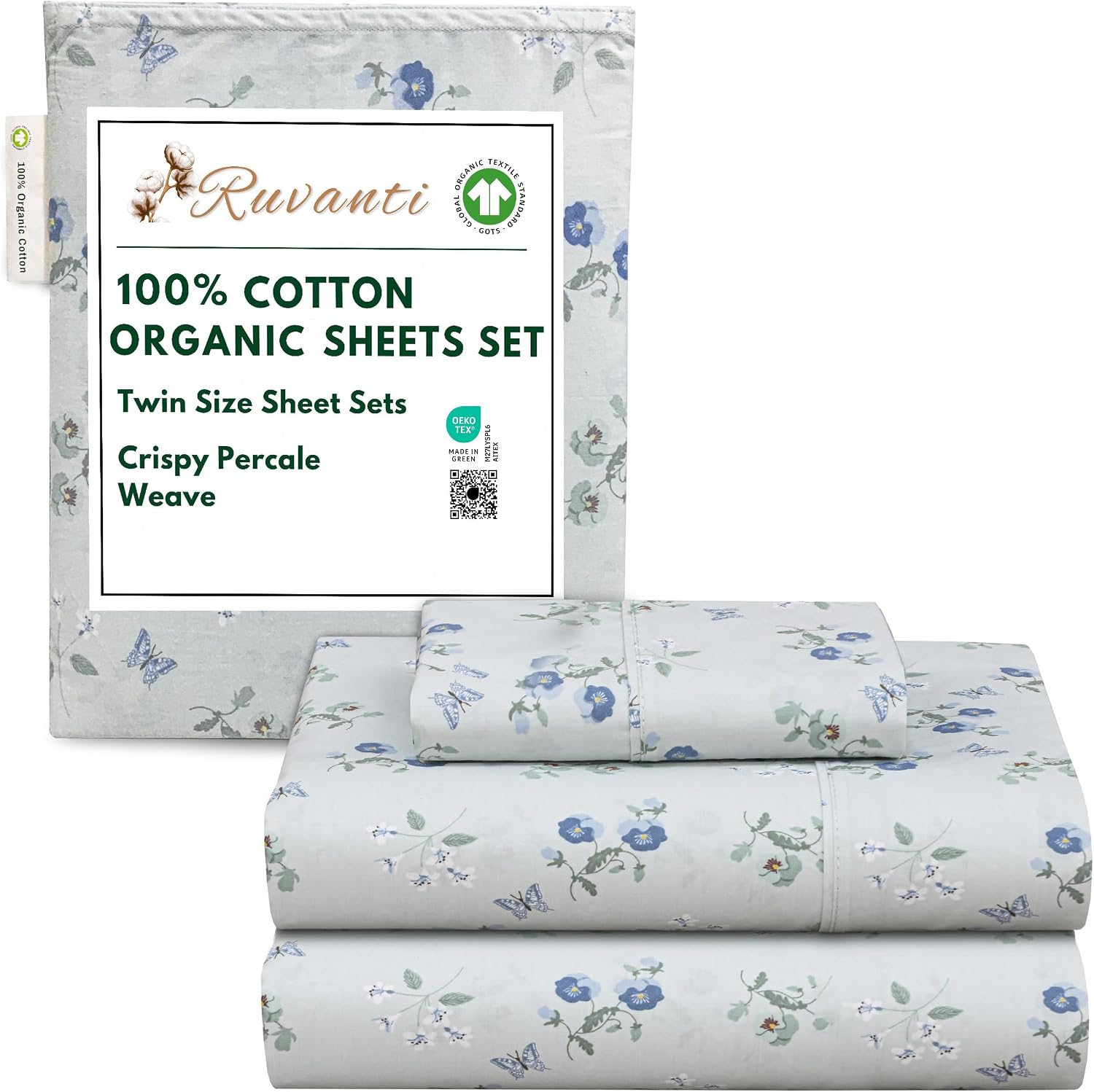 Ruvanti 100% Cotton Organic Percale Sheets Twin Size – Crisp Cooling Bed Sheets for Hot Sleepers, Deep Pocket 15”, Soft Peach Finish, Breat…