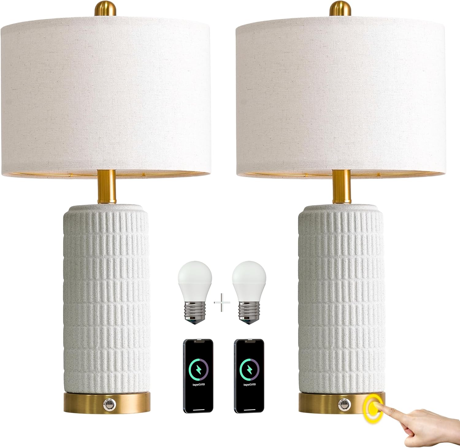 PoKat Stone-Like Ceramic Table Lamps with USB Ports for Bedroom, 25'' Matte-White Dimmable Nightstand Touch Lamps for Night Stands with…
