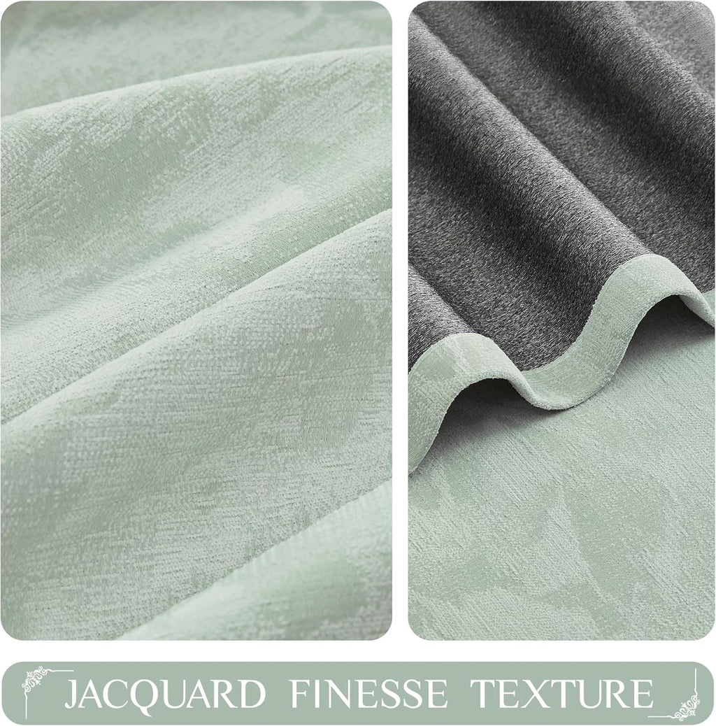 Beauoop Green Floral Jacquard Blackout Curtains 90 Inches Long 2 Panels for Bedroom Living Room Chenille Flower Room Darkening Thermal…