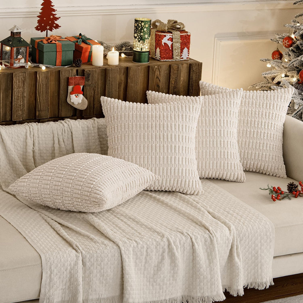 Miulee Pack of 4 Cream White Corduroy Christmas Decorative Throw Pillow Covers 18x18 Inch Soft Boho Striped Pillow Covers Modern Farmhouse…