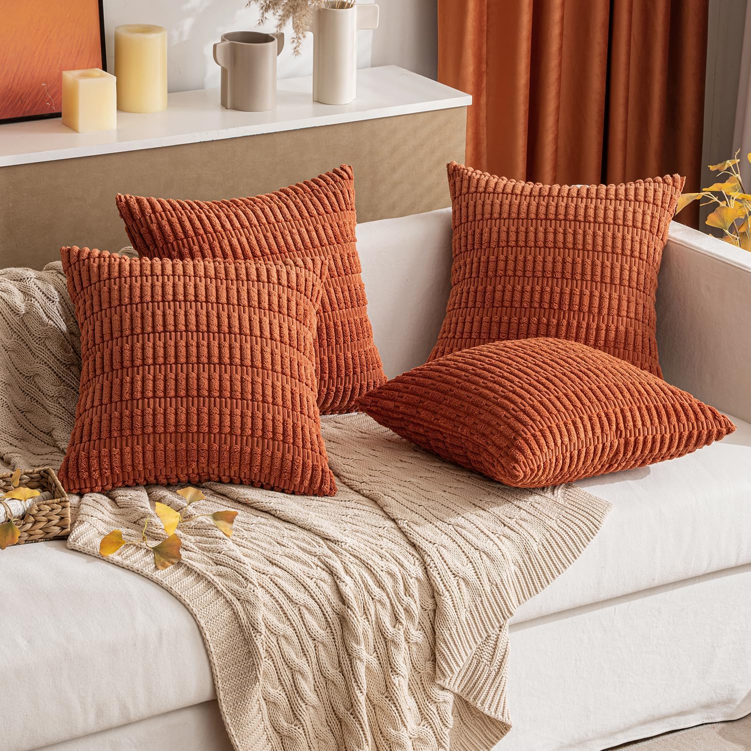 Miulee Pack of 2 Rust Corduroy Decorative Pillow Covers 20x20 Inch Soft Boho Striped Throw Pillow Covers Modern Farmhouse Home Decor for Su…