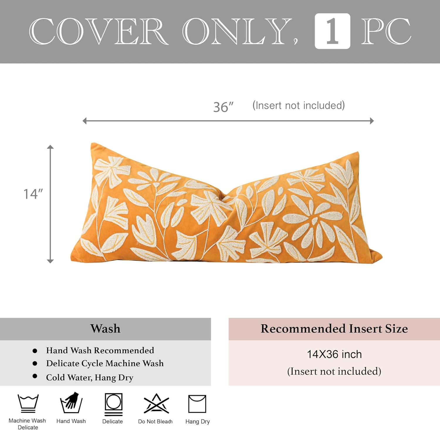 BlissBlush 14x36 Lumbar Pillow Cover for Bed, Yellow Mustard Rectangular Long Throw Pillowcase, Embroidered Velvet Floral Tufted…