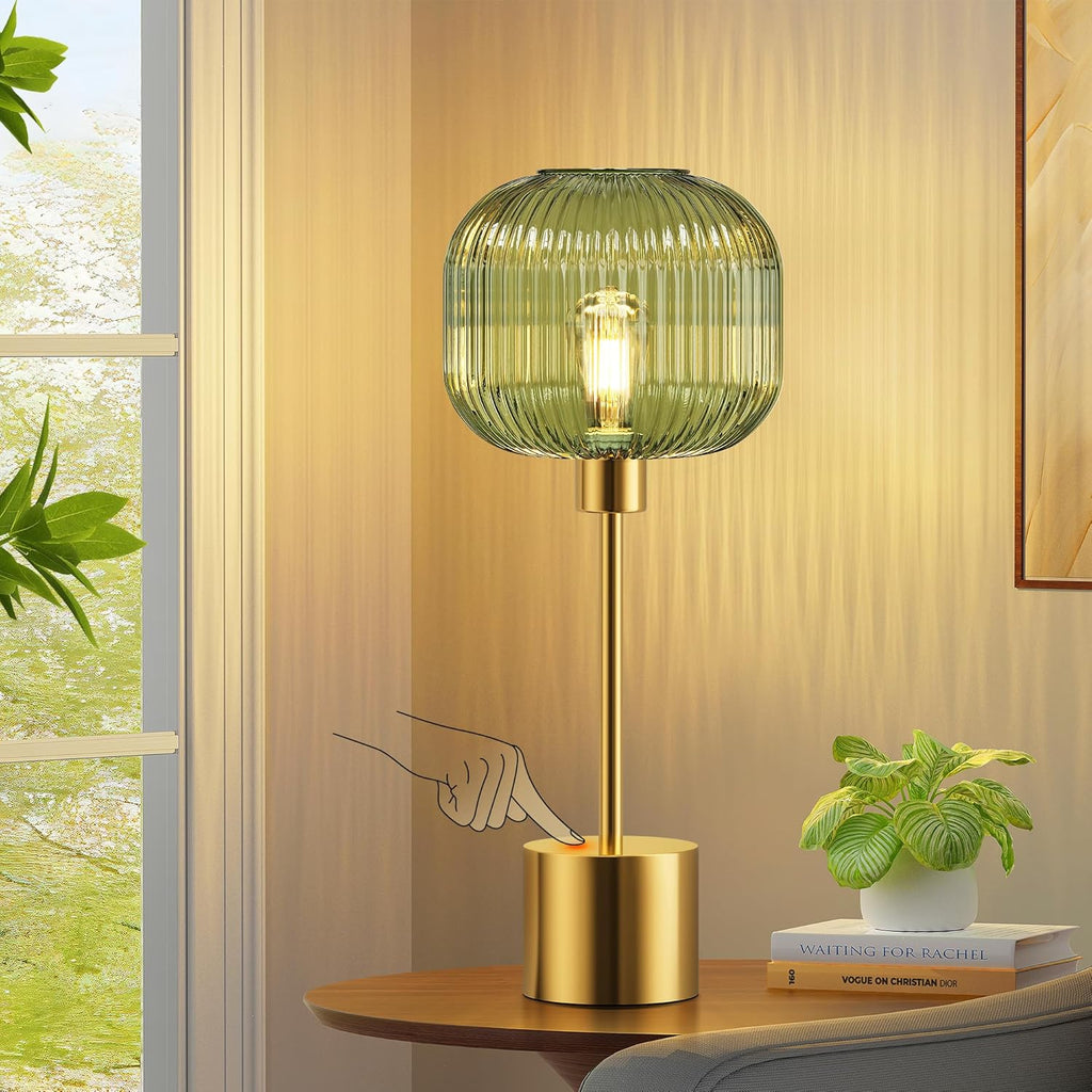QiMH Glass Table Lamp for Living Room, Modern Bedside Lamp with Green Ribbed Glass Shade, 3-Way Dimmable Touch Control Nightstand Lamp…