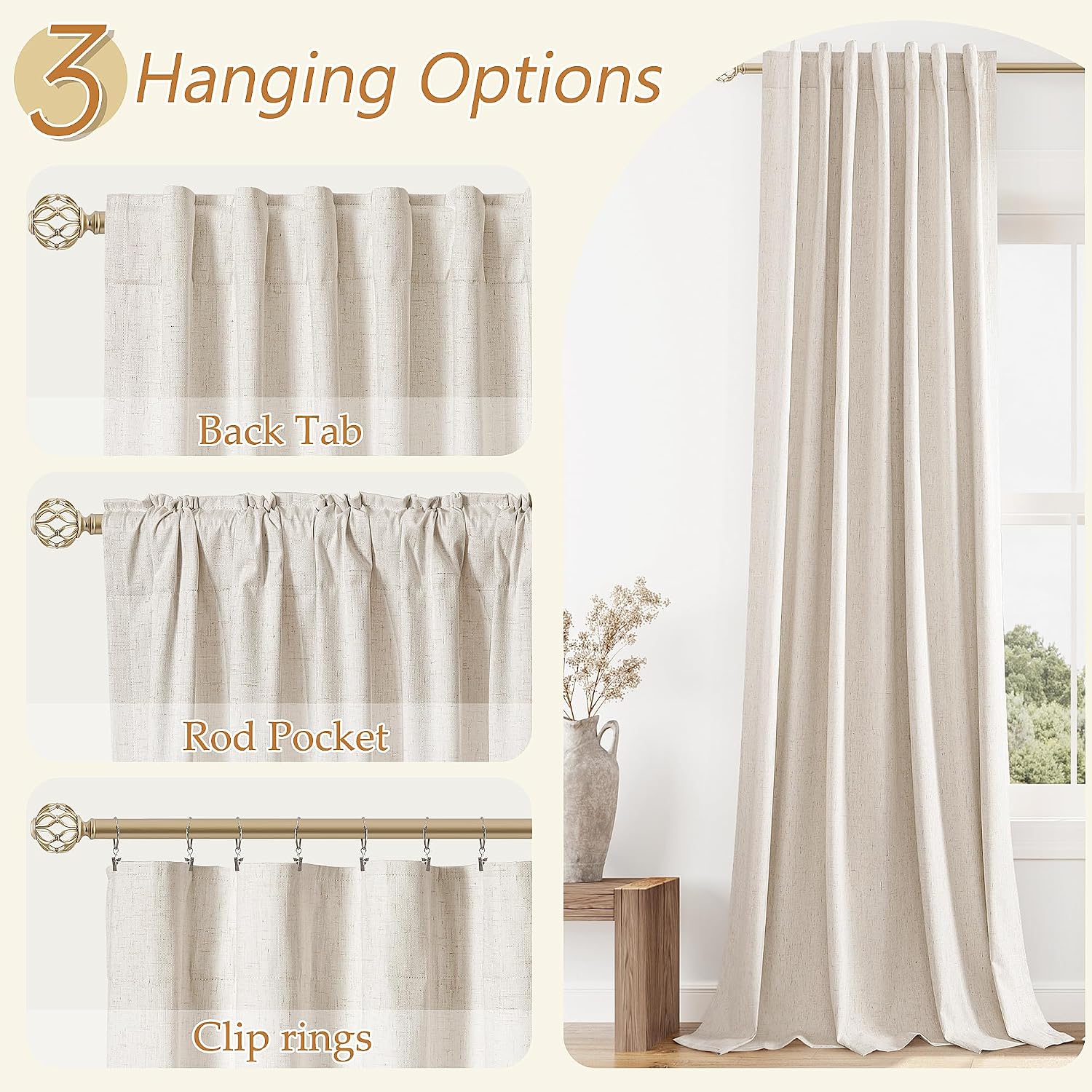 Guken 100% Blackout Linen Curtains 132 Inch Length 2 Panels Set for Living Room Bedroom Back Tab Thermal Insulated Black Out Drapes Room Da…