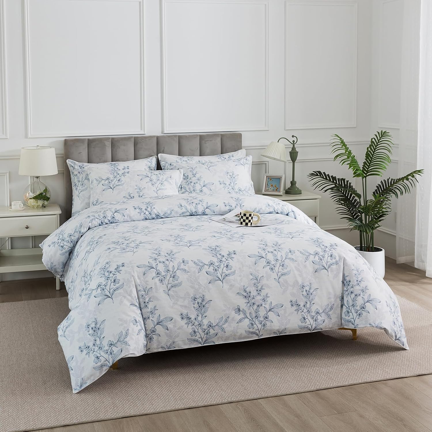 Puralens Grey Floral Duvet Cover King Size 3Pcs, 100% Cotton Flower Patterned Boho Comforter Cover Set with Zipper, Soft Crisp White Percal…