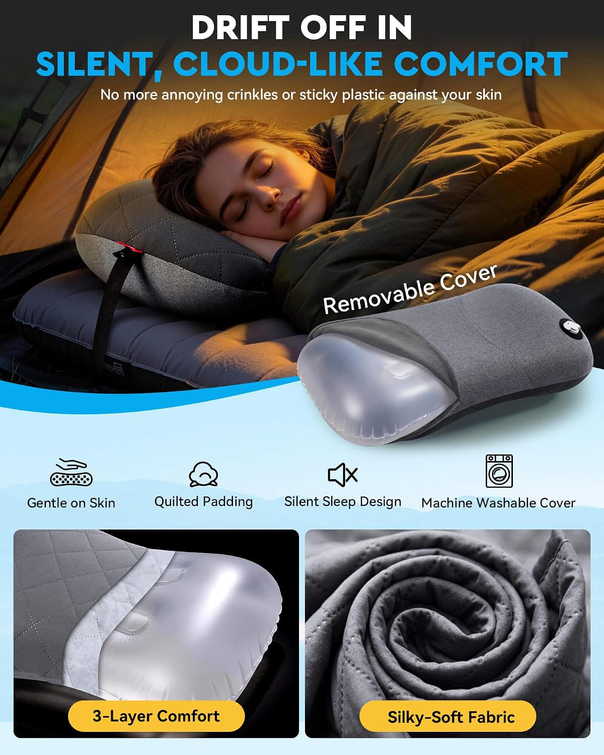 Hikentureoutdoor Hikenture Camping Pillow with Removable Cover - Ultralight Inflatable Pillow for Neck Lumbar Support - Upgrade Backpacking…