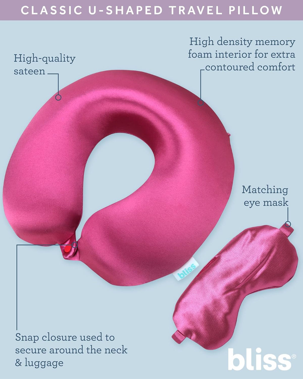 Bliss Neck Pillow Set - Lightweight U-Shaped Memory Foam Satin Travel Neck Pillow with Snap Closure and Matching Eye Mask for Airplane…