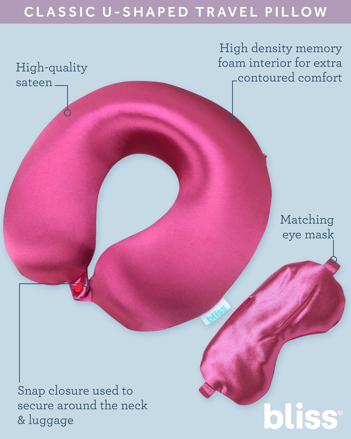 Bliss Neck Pillow Set - Lightweight U-Shaped Memory Foam Satin Travel Neck Pillow with Snap Closure and Matching Eye Mask for Airplane…